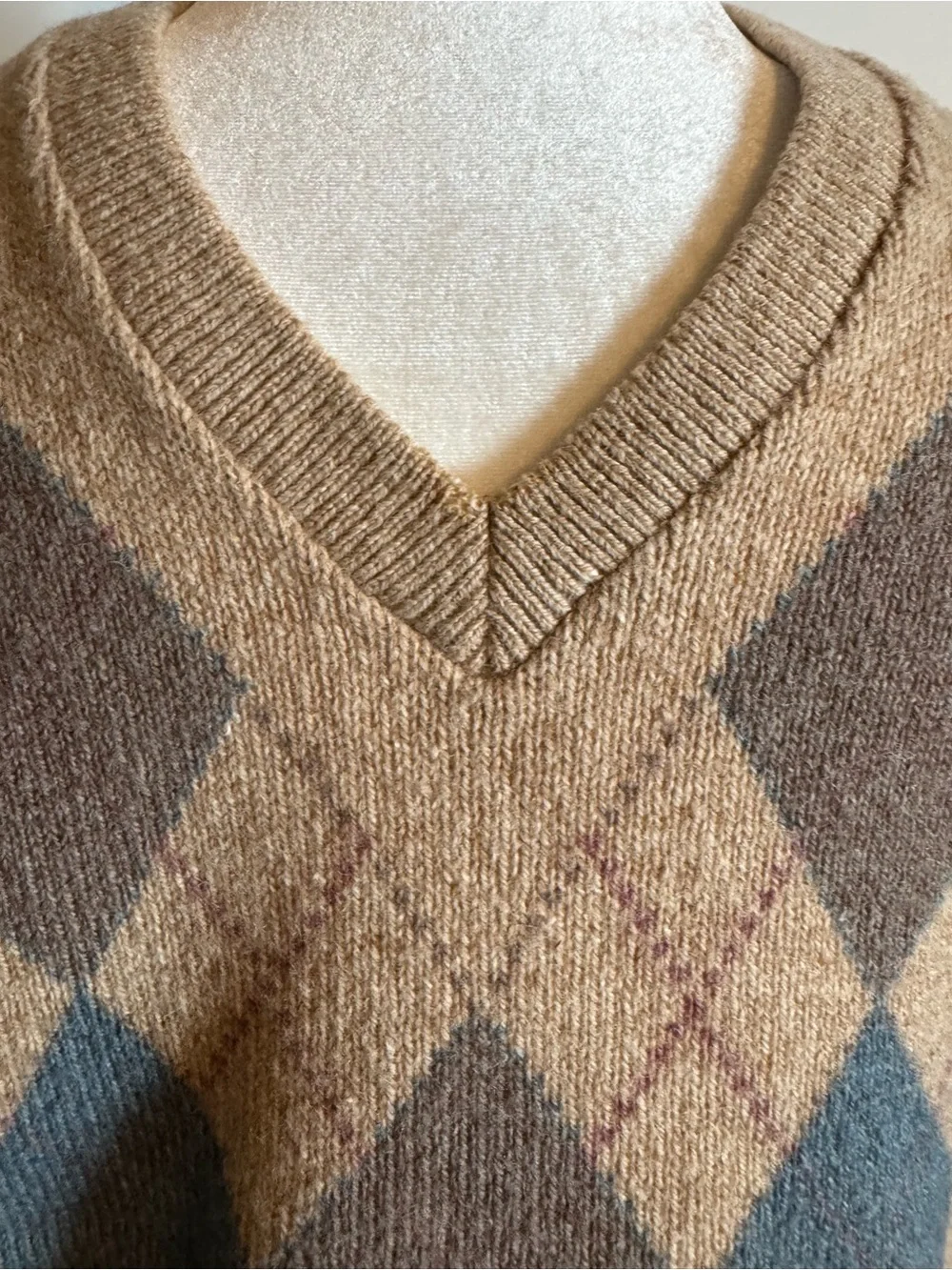 Jantzen Beige Argyle V-Neck Sweater Vest Wool Blend Large Vintage
